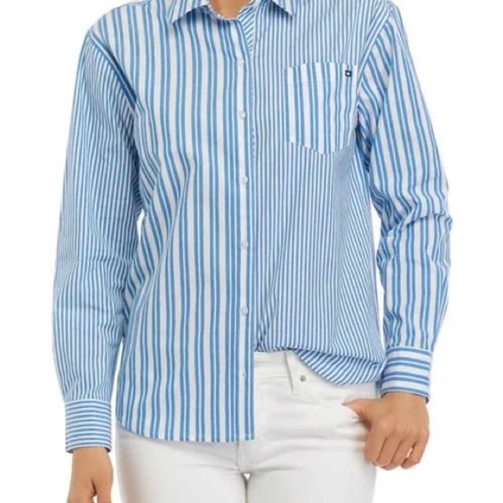 Crown & Ivy Blue and White Striped Poplin Boyfriend Button-Down Shirt